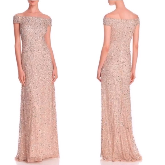 Adrianna Papell Off-the-Shoulder Beaded Gown in Blush - Picture 1 of 6